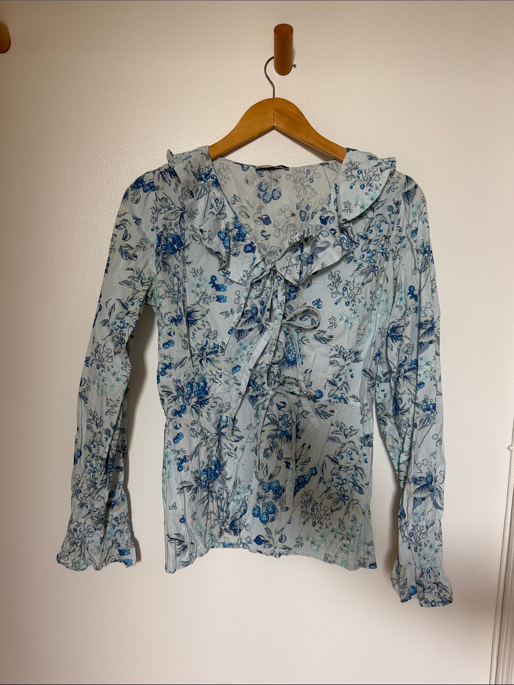 Batsheva Blue Floral Ruffle Tie-Front Blouse